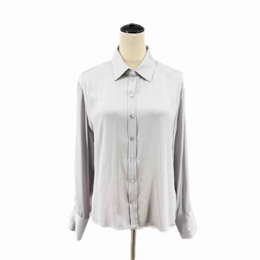 Nouvelle Light Gray Silk Blend Collared Button Up Long Sleeve Workwear Blouse